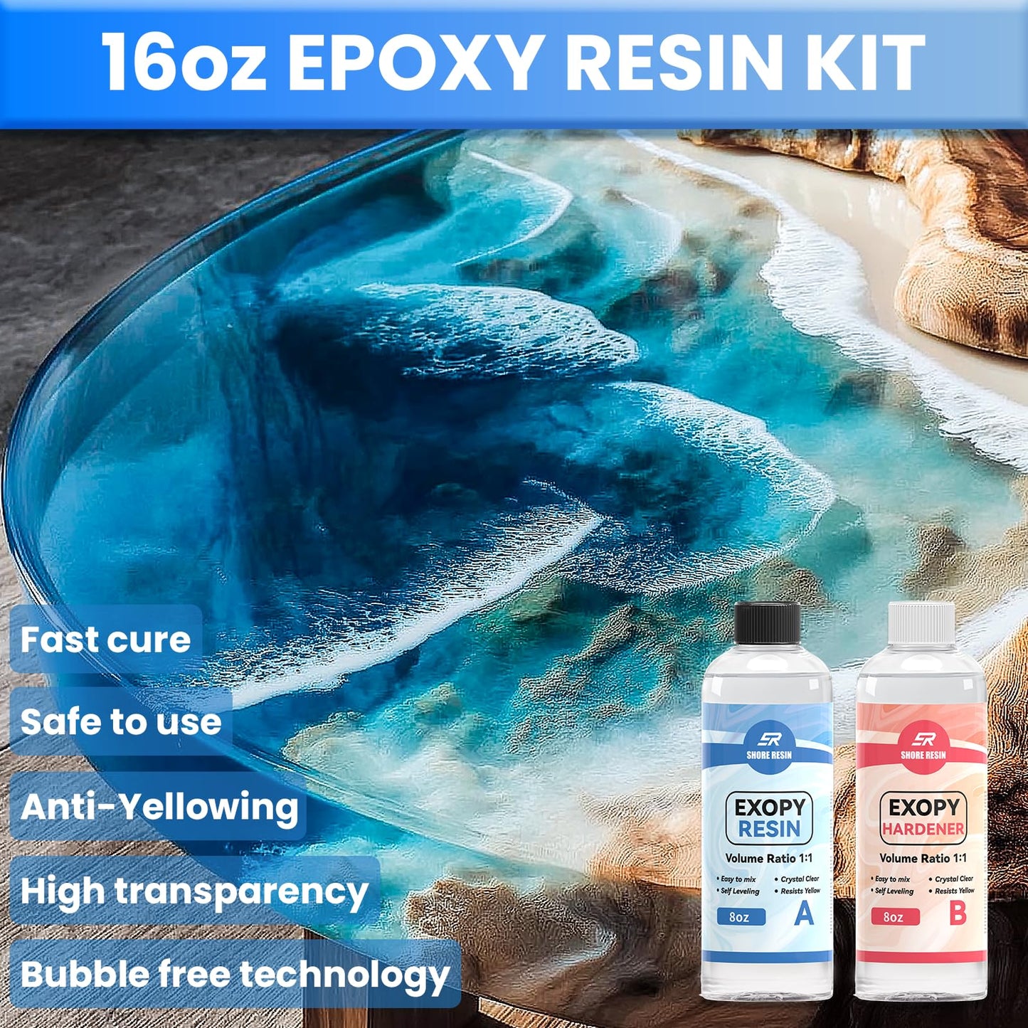 Epoxy Resin 16 oz – Crystal Clear 4X Resistant to Yellowing, Food Safe Craft, 1:1 Mix Resin Epoxy for DIY Art, Jewelry, Casting, Electronics, Wood, Boat Repair, Beginners Starter kit