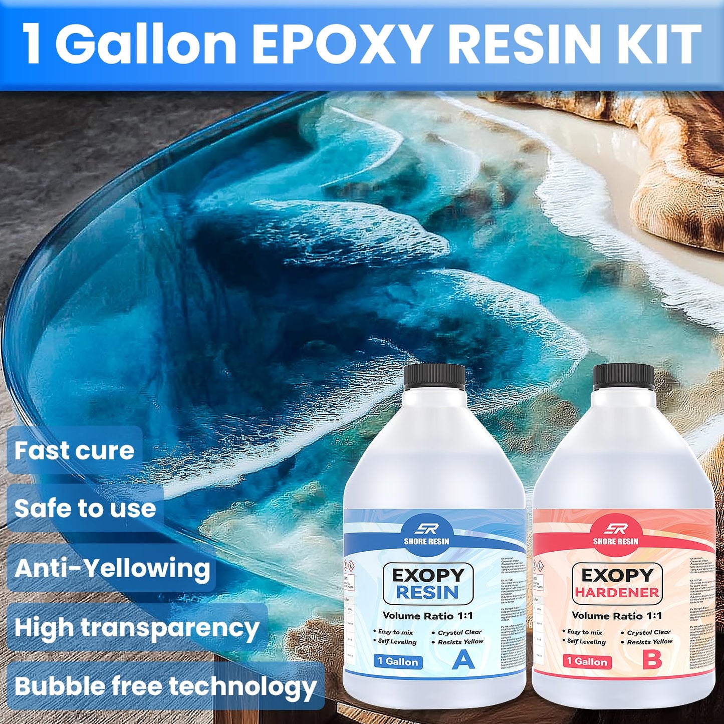 Epoxy Resin 2 Gallon – Crystal Clear 4X Resistant to Yellowing, Food Safe Craft, 1:1 Mix Resin Epoxy for DIY Art, Jewelry, Casting, Electronics, Wood, Boat Repair, Beginners Starter kit